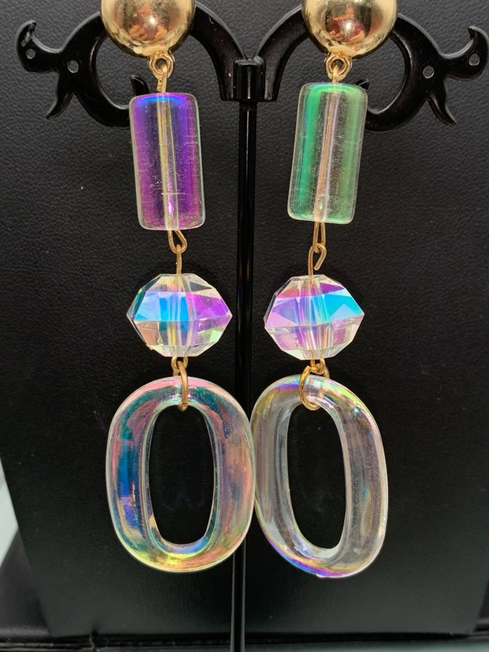 Gold tone and AB coated Iridescent Dangle Hoop Earrings - Women Jewelry
